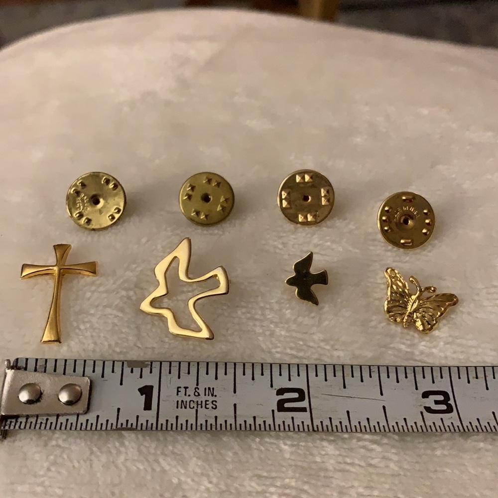 Bundle of 4 pins, cross, dove, small dove, and butterfly. All in gold tones. - Picture 7 of 8